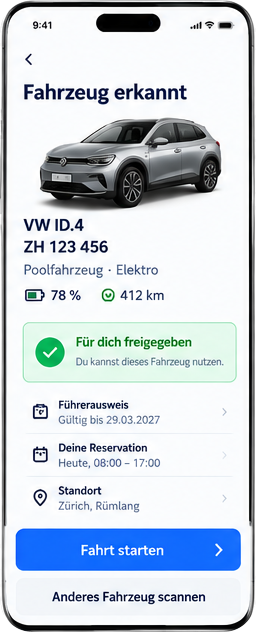 Mobile driver view: vehicle recognised and released for the driver, with driving licence, booking and location details