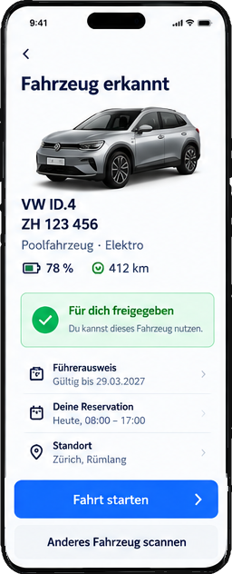 Mobile Fahreransicht: Fahrzeug erkannt und für den Fahrer freigegeben, mit Führerausweis-, Reservations- und Standortangaben