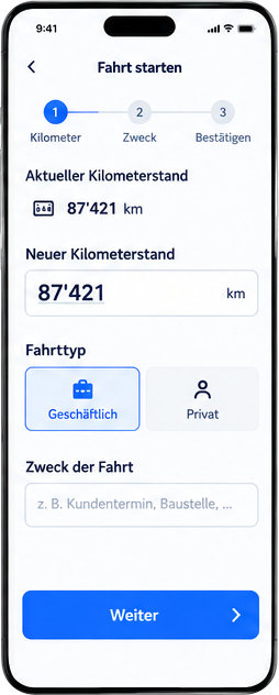 Mobile driver view: starting a trip with mileage, trip type and purpose