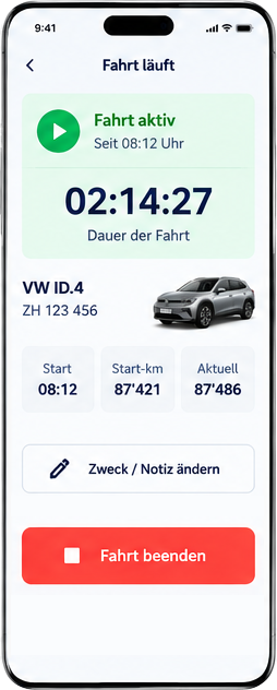 Mobile driver view: trip in progress with start time, start and current mileage