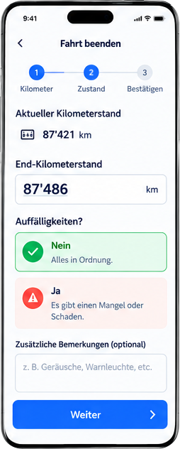 Mobile driver view: ending a trip with final mileage and details of defects or damage