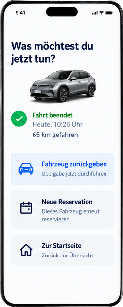 Mobile driver view: trip completed, with options for vehicle return, a new booking and the home page