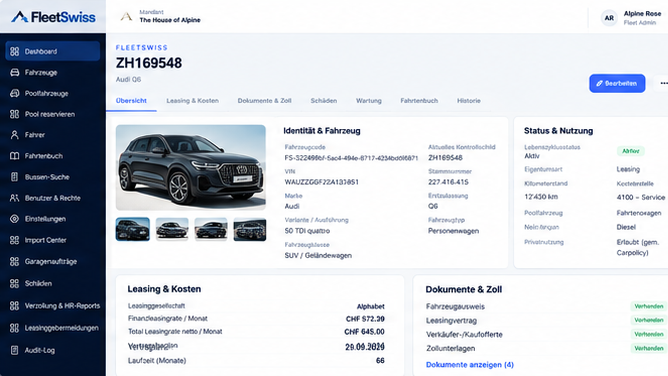 FleetSwiss-Fahrzeugakte mit Identität und Fahrzeugdaten, Status und Nutzung, Leasing und Kosten sowie Dokumentenübersicht