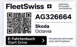 FleetSwiss-Fahrzeugetikett mit QR-Code, Kontrollschild und Fahrzeugmodell zum Start einer Fahrt im E-Fahrtenbuch